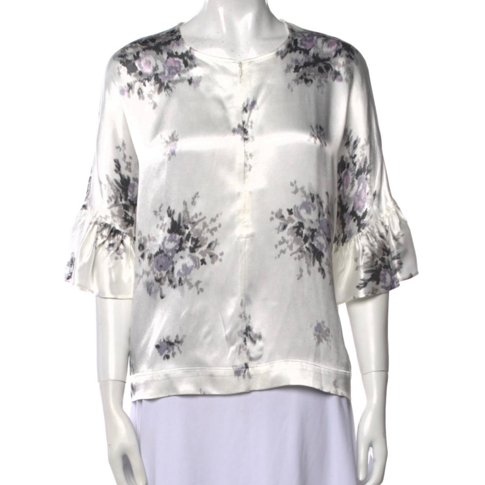 Ganni White Satin Floral Blouse with Lavender Accents